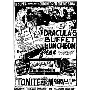 T-shirt w/ 50’s Vintage Drive-In Movie Ad/Poster Art; Drive-In Ad / Revenge of Frankenstein.