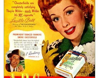 lucille ball chesterfield cigarettes Vintage Lucille Ball Chesterfield Cigarettes Ad Poster, Retro Tobacco Print  Wall Art