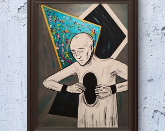 May include: Framed artwork featuring a figure with a dark void in their chest. The background includes geometric shapes and a teal triangle with colorful paint splatters. The artwork is framed in a dark brown wooden frame.
