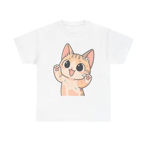 Happy Cat Waving Unisex Heavy Cotton Tee - Cute Playful Kitty T-Shirt, Adorable Cartoon Design, Rosy Cheeks, Line Stickers, Hi Yay I'm