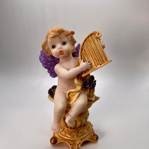 Vintage Cherubic Angel Figurine 6” Resin with Harp – Collectible, Late 1980s