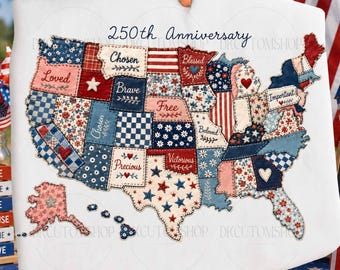 250th Anniversary USA Map PNG, 250th Anniversary Png, Preppy USA Map Png, Patriotic Patchwork Png, 4th of july Design, Stripes Sublimation