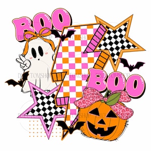 Halloween-spookpompoen png, boe-spook coquette png, geruite Halloween png, spookseizoen png, spook png, spookshirtontwerp png
