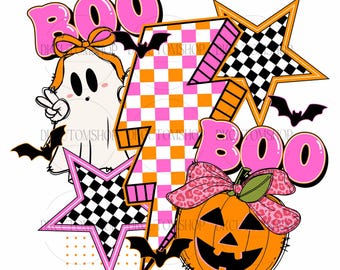 Halloween Ghost Pumpkin Png, Boo Ghost Coquette Png, Checkered Halloween Png, Spooky Season Png, Ghost Png, Ghost Shirt Design Png