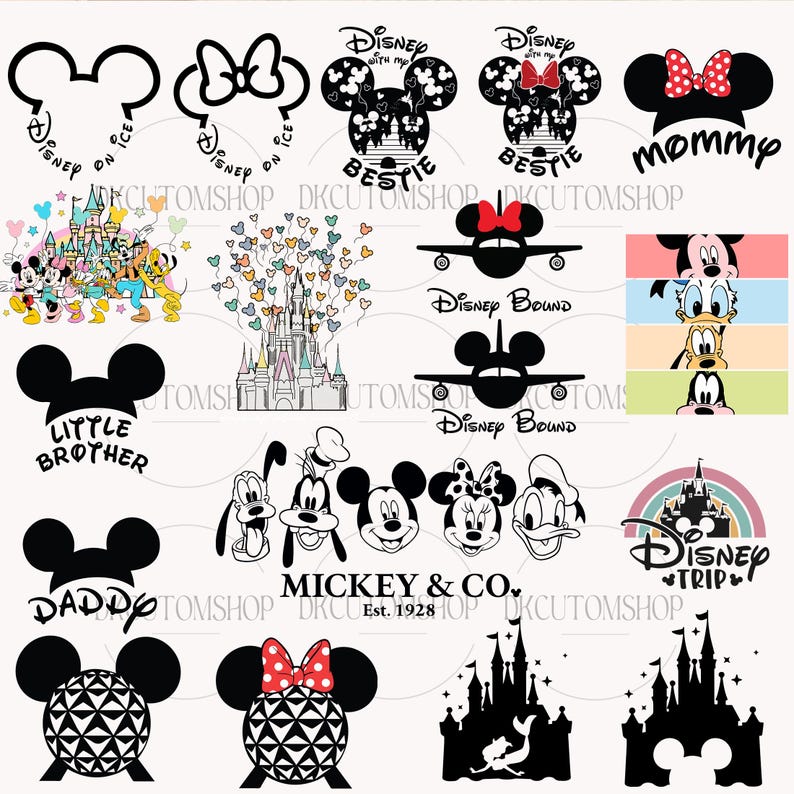 May include: A set of 15 black and white Disney-themed SVG cut files. The designs include Mickey Mouse, Minnie Mouse, Goofy, Donald Duck, and the Disney castle. The text includes "Disney on Ice", "Disney Bound", "Little Brother", "Daddy", "Mickey & Co. Est. 1928", and "Disney Trip".