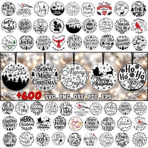 May include: A digital collection of over 600 circular Christmas ornament designs in SVG, PNG, DXF, PDF, and EPS formats. The black and white graphics feature holiday phrases, silhouettes of Santa, reindeer, cardinals, and festive winter patterns.