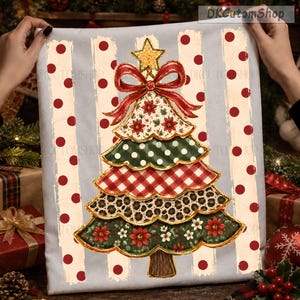 May include: A fabric panel featuring a stylized Christmas tree with a gold star and red bow. The tree has five tiered layers with patterns including poinsettias, white polka dots, red gingham, leopard print, and floral motifs on a striped background.