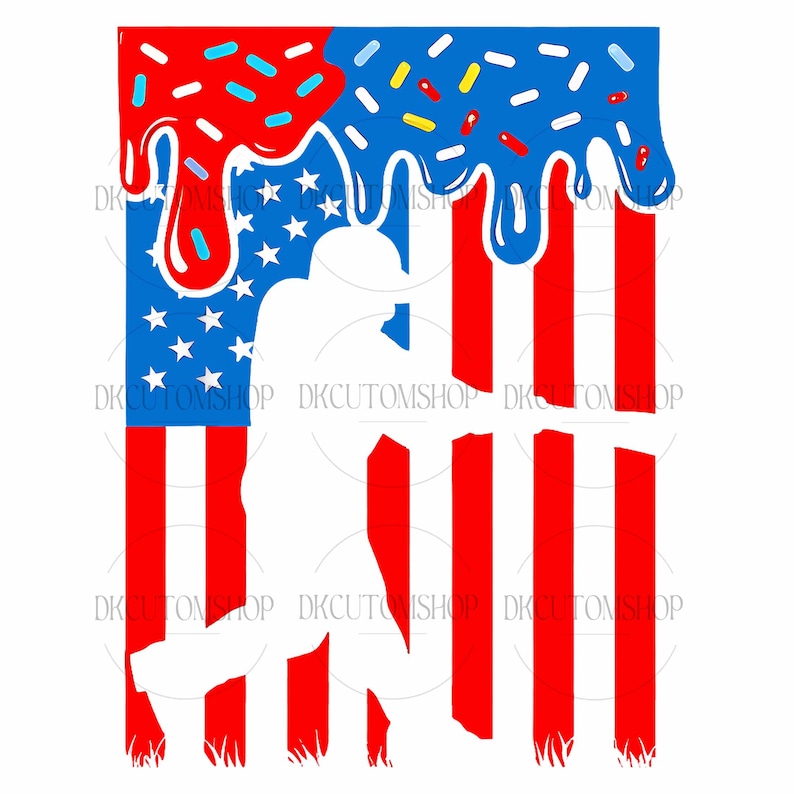May include: A patriotic design featuring a white silhouette against a backdrop of the American flag. The top portion has a blue background with white stars and red dripping icing with sprinkles. The bottom has red and white stripes.