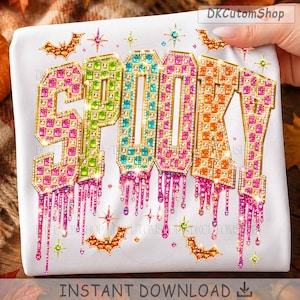 Strass spookachtig png, glitter halloween png, geruit kleurrijk png, girly griezelig png, Halloween-coquette pompoen shirtontwerp