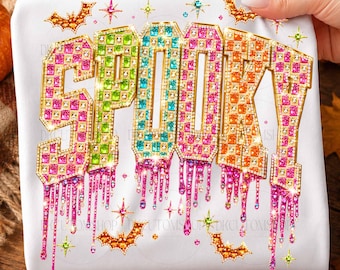 Rhinestone Spooky PNG, Glitter Halloween Png, Checkered Colorful Png, Girly Spooky Png, Halloween Coquette Pumpkin Shirt Design