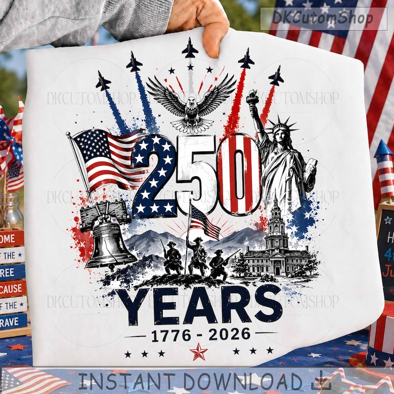 May include: A white fabric item featuring a patriotic graphic with the text 250 YEARS 1776-2026. The design includes a bald eagle, the Statue of Liberty, the Liberty Bell, soldiers, fighter jets, and American flags in red, white, and blue colors.