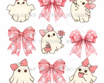 Rosa Geist Kokette Bogen Png, Retro Herbst Kürbis Png Png, Halloween Png, niedlicher rosa Geist, Boujee Geist, Herbst Herbst Png, Sublimationsdesign