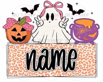 Custom Halloween Kids Name Png, Halloween Ghost Pumpkin Png, Spooky Halloween Kids Shirt Png, Halloween Pumpkin Coquette Bow Png