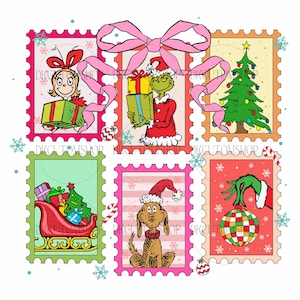 May include: A collection of Christmas-themed postage stamps featuring characters and elements from a holiday story. The stamps showcase characters like the Grinch and Cindy Lou Who, along with a Christmas tree, gifts, and a sleigh. The stamps are framed with pink, green, and orange borders.