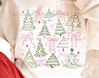 May include: White sweatshirt featuring a festive Christmas tree design. The design includes various green Christmas trees, pink bows, and red star accents. The text "DKCUTOMSHOP" is repeated around the design.