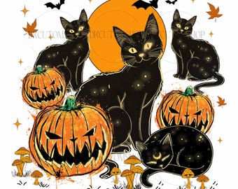 Calabaza de gato negro retro PNG, Halloween PNG, Calabaza de gato PNG, Gato fantasma PNG, Gato negro PNG, Otoño PNG, Camiseta de gato de Halloween PNG, Otoño PNG