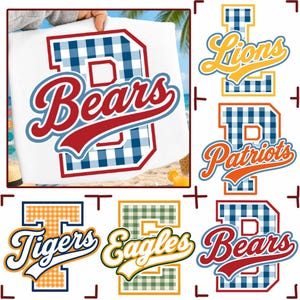 May include: A collection of sports-themed graphic designs featuring large block letters with gingham patterns. The designs include the words Bears, Lions, Patriots, Tigers, and Eagles in various colors, each layered over a corresponding letter.