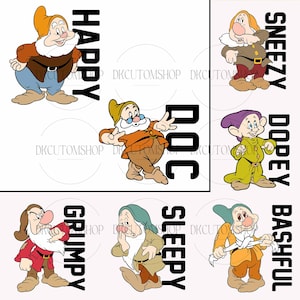 Könnte beinhalten: Sieben Zeichentrick-Zwerge aus dem Disney-Film Schneewittchen und die sieben Zwerge. Jeder Zwerg ist mit seinem Namen und einem einzigartigen Persönlichkeitsmerkmal dargestellt. Die Zwerge sind Happy, Grumpy, Sleepy, Bashful, Sneezy, Dopey und Doc.