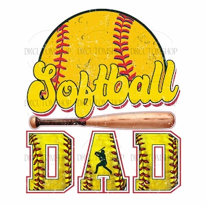 Op de afbeelding: Een geel softbalontwerp met rode en blauwe stiksels, het woord "Softball" in gele letters en een houten honkbalknuppel. Daaronder staat het woord "DAD" in gele letters met rode contouren.