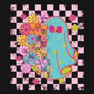 Retro Spooky Ghost PNG, Spooky Season Checkerboard Png, Floral Halloween Sublimation, Girly Ghost with Png, Pink Ghost Design Png