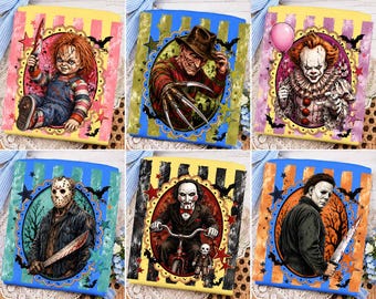 Halloween Horror Bundle PNG, Horror Halloween Characters, Spooky Season Shirt Png, Scary Movie PNG, Retro Stripe Sublimation Design