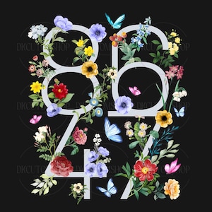 May include: A floral design featuring the numbers 8247. The numbers are outlined in white and surrounded by colorful flowers, leaves, and butterflies.