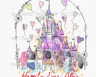 Princess Happily Ever After Png, Watercolor Princesses Png, Retro Colorful Castle Png, Mouse Ear Castle Png, Sublimation Design Png