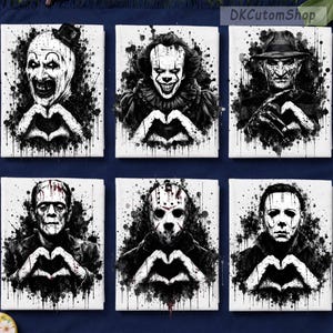May include: A set of six rectangular canvas prints featuring black and white watercolor-style illustrations of horror movie characters, each making a heart shape with their hands. The characters include Art the Clown, Pennywise, Freddy Krueger, Frankenstein's monster, Jason Voorhees, and Michael Myers.