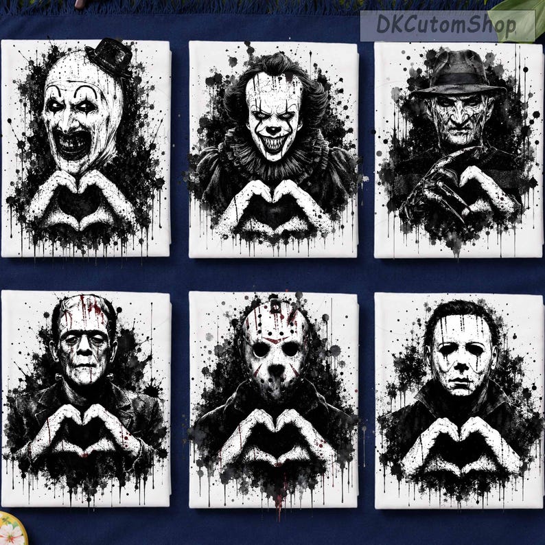 May include: A set of six rectangular canvas prints featuring black and white watercolor-style illustrations of horror movie characters, each making a heart shape with their hands. The characters include Art the Clown, Pennywise, Freddy Krueger, Frankenstein's monster, Jason Voorhees, and Michael Myers.