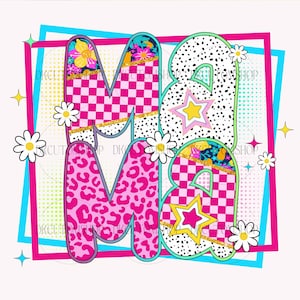 Peut inclure: Une conception graphique colorée du mot « MA » dans un style rétro avec des couleurs rose, bleu, vert, jaune et blanc. Les lettres sont décorées de motifs à carreaux, d'imprimés léopard, d'étoiles et de fleurs.