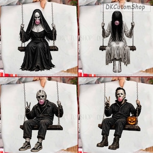 May include: A white fabric surface featuring four graphic prints of horror characters sitting on swings, each blowing a pink bubble. The characters include a nun in a black habit, a long-haired figure in a white dress, a masked figure, and a man in a jumpsuit.