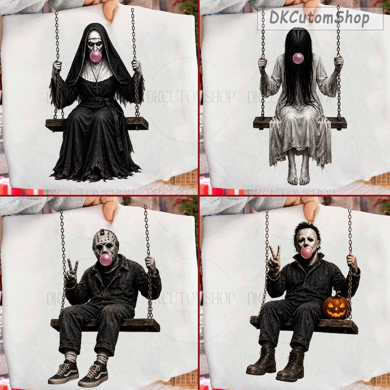 May include: A white fabric surface featuring four graphic prints of horror characters sitting on swings, each blowing a pink bubble. The characters include a nun in a black habit, a long-haired figure in a white dress, a masked figure, and a man in a jumpsuit.