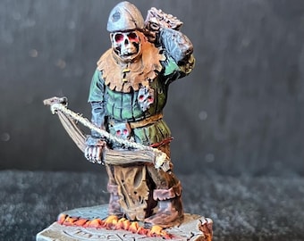 Sciborminiatures Undead Bowman in green jerkin.  33mm heroic fantasy. Added bowstring. Painted with acrylics.