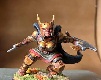 Dwarf aggressive female fighter. Unknown brand.   28mm, 30mm base. Acrylic, matt varnish sealed