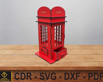 Laser Cut British Phone Booth Pen Holder, Desk Organizer