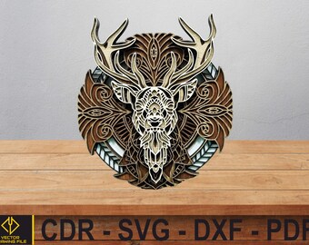 Laser Cut Stag Head, Rustic Wood Wall Decor, Geyik 3D Katman SVG