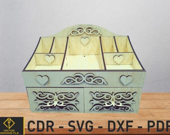 Laser Cut Wood Jewelry Box, Chest of Drawers, Vector Files