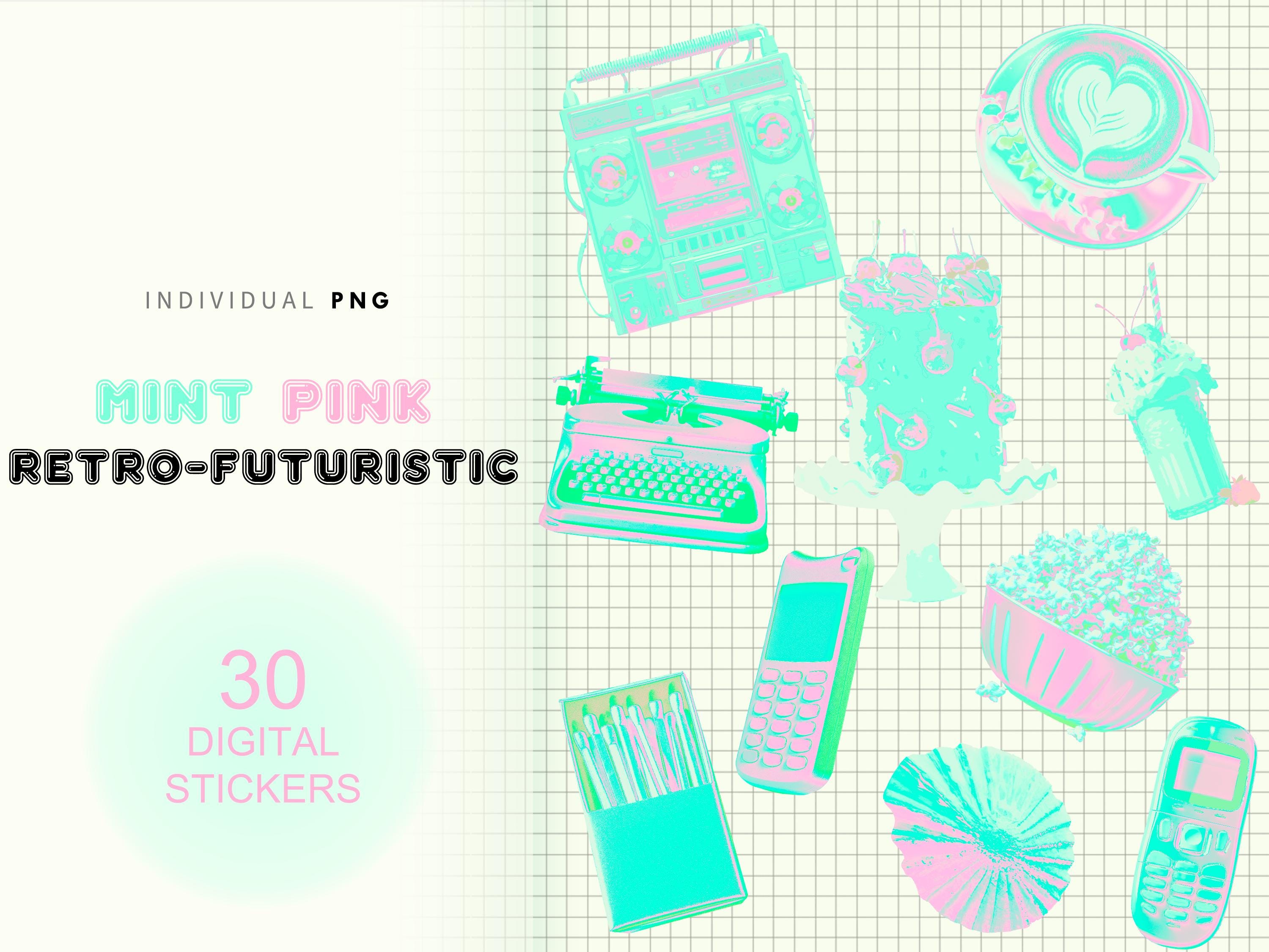 Digital Stickers Pack - Y2k - Mint Pink Retro Futuristic Stickers for ...