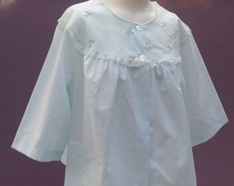 Vintage Pale Baby Blue Night Top Bed Jacket Pajama Top Sears Perma Prest Embroidered flowers lacy trim Size 32 34  L411