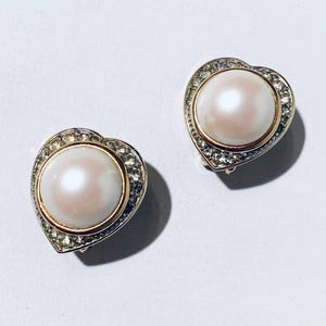 Vintage Nina Ricci Heart Shape Pearl And Crystal Earclips Gold-Plated
