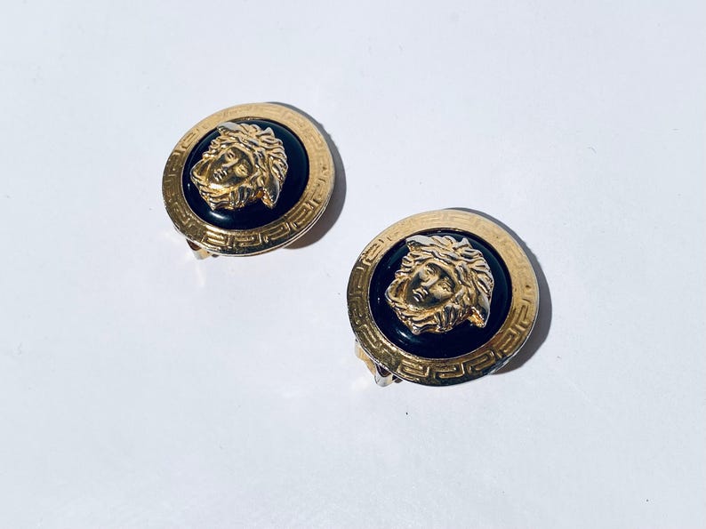 Gianni Versace 1980s Vintage Earclips Gold-Plated Medusa & Black