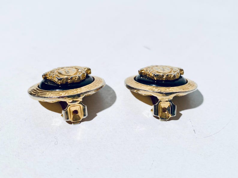 Gianni Versace 1980s Vintage Earclips Gold-Plated Medusa & Black