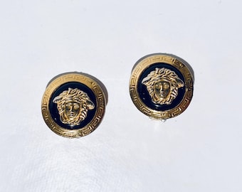 Gianni Versace 1980s Vintage Earclips Gold-Plated Medusa & Black