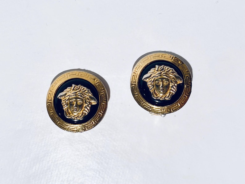 Gianni Versace 1980s Vintage Earclips Gold-Plated Medusa & Black