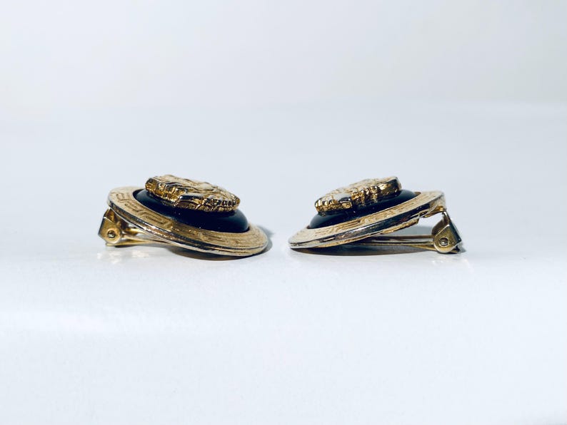 Gianni Versace 1980s Vintage Earclips Gold-Plated Medusa & Black