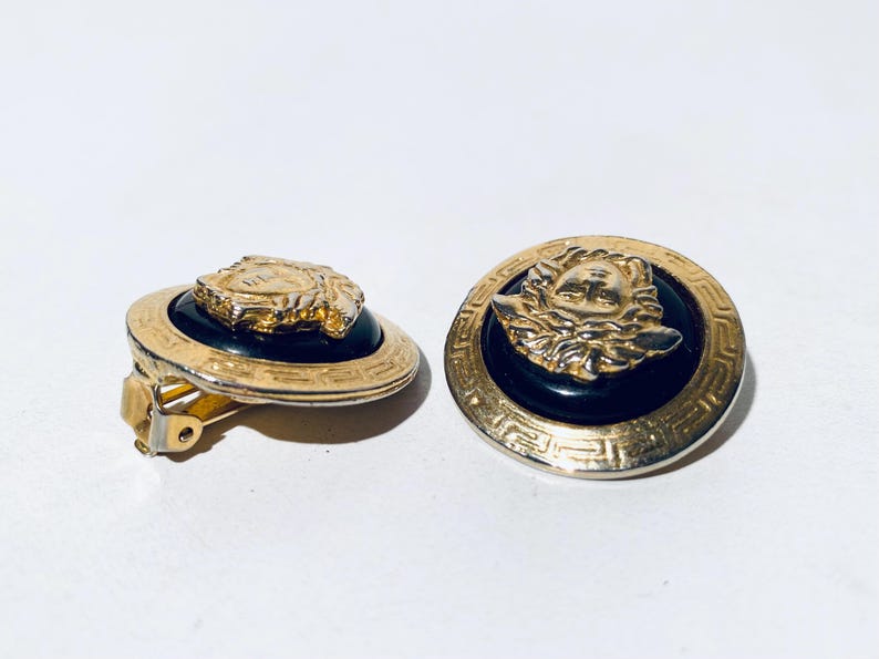 Gianni Versace 1980s Vintage Earclips Gold-Plated Medusa & Black