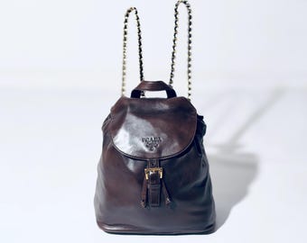 Prada Leather Vintage Backpack Rucksack - Brown Lambskin Nappa Chain Straps
