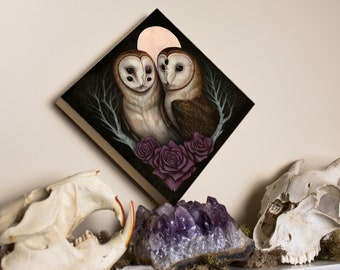 Barn Owl Couple 6x6 Fine Art Giclee Print on Wood