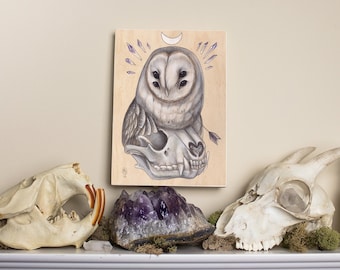 Barn Owl with Raccoon Skull 5x7 Fine Art Giclee Print on Wood