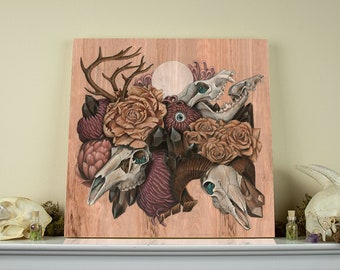 Skull Garden 12x12 Fine Art Giclee Print on Wood